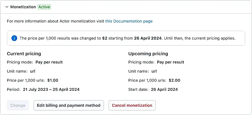 A section with monetization being Active